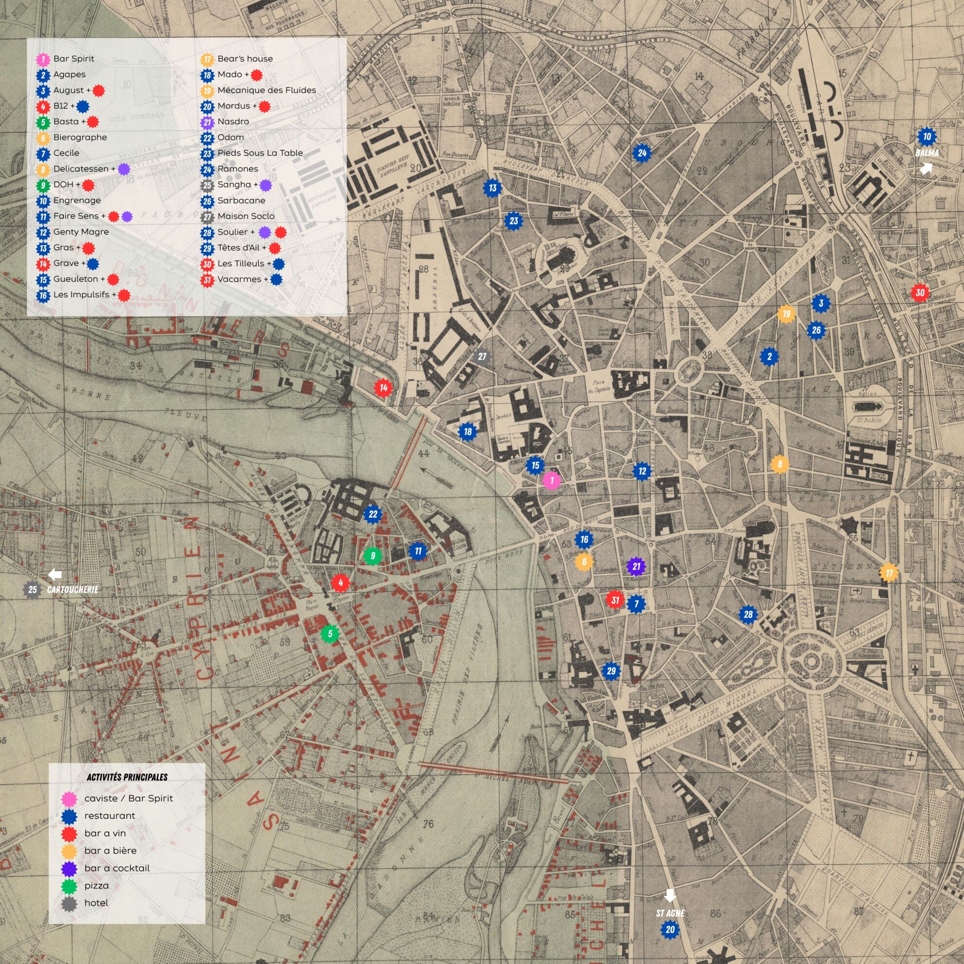 Carte des bars et restaurants de Toulouse